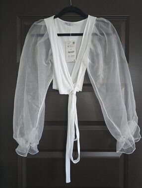 NWT Zara White Sheer Puff-Sleeve Tie-Front Crop Top Size M